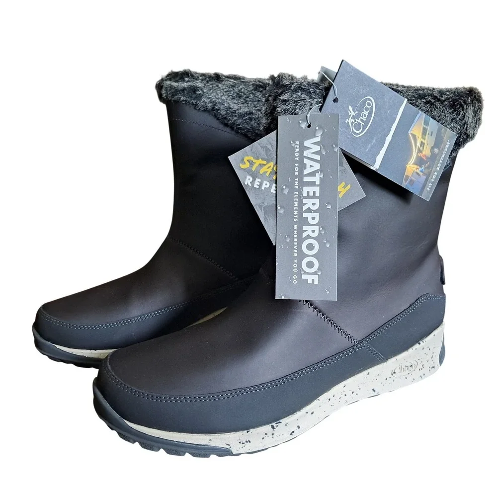 Chaco Borealis Mid Black Waterproof Winter Boots Womens 10.5 Faux Fur